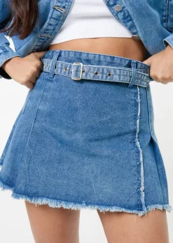 Skirts>Pink Vanilla Blue Belt Denim Pleated Mini Skirt