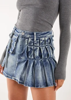 Skirts>Pink Vanilla Blue Cargo Pocket Pleated Denim Mini Skirt