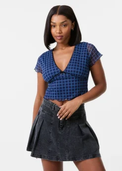 Tops>Pink Vanilla Blue Check Cap Sleeve Crop Top