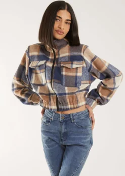 Coats & Jackets>Pink Vanilla Blue Cropped Tartan Style Fleece Jacket