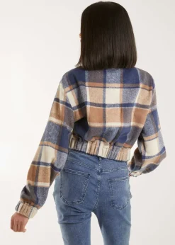 Coats & Jackets>Pink Vanilla Blue Cropped Tartan Style Fleece Jacket