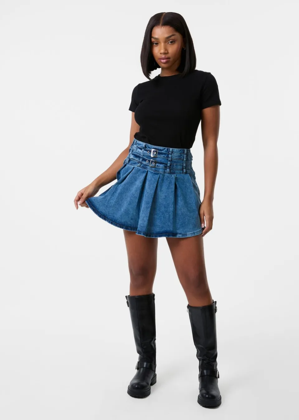 Skirts>Pink Vanilla Blue Denim Double Belt Pleat Mini Skirt