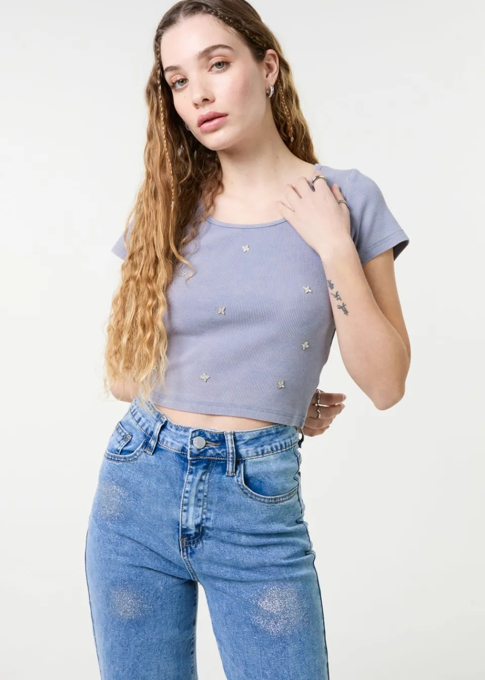 T-Shirts>Pink Vanilla Blue Embellished Wash Rib Top