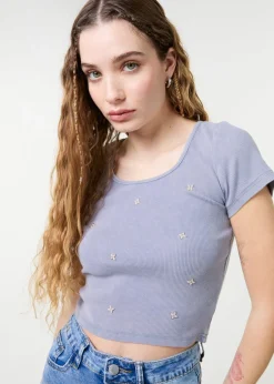 T-Shirts>Pink Vanilla Blue Embellished Wash Rib Top
