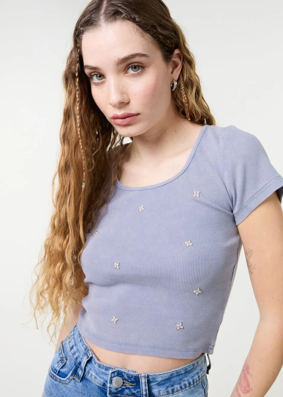 T-Shirts>Pink Vanilla Blue Embellished Wash Rib Top