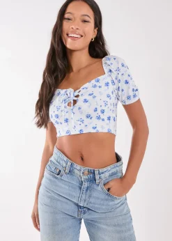 Tops>Pink Vanilla Blue Floral Puff Sleeve Crop Top