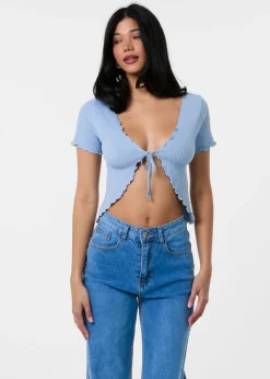 Tops>Pink Vanilla Blue Lettuce Hem Tie Front Top