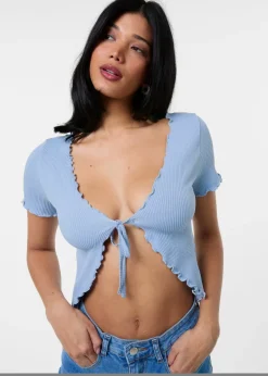 Tops>Pink Vanilla Blue Lettuce Hem Tie Front Top