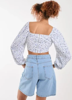Tops>Pink Vanilla Blue Long Sleeve Cropped Milkmaid Top