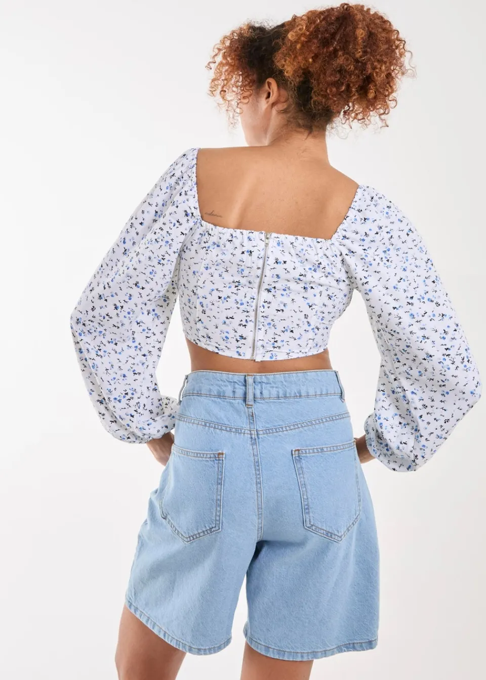 Tops>Pink Vanilla Blue Long Sleeve Cropped Milkmaid Top