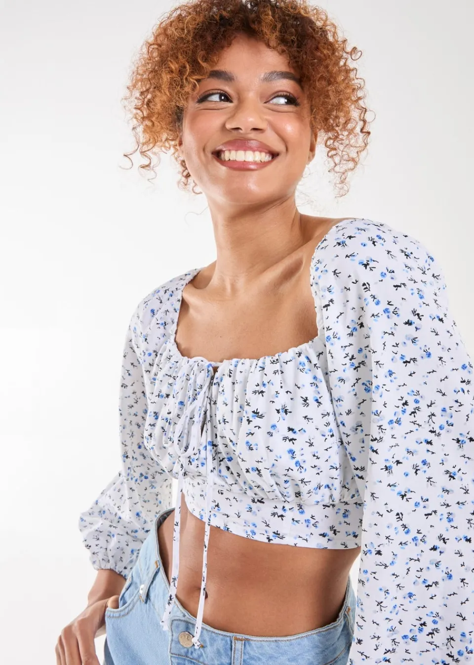 Tops>Pink Vanilla Blue Long Sleeve Cropped Milkmaid Top