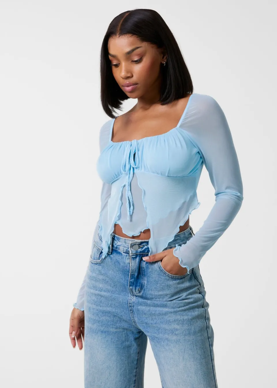 Tops>Pink Vanilla Blue Long Sleeve Mesh Butterfly Top