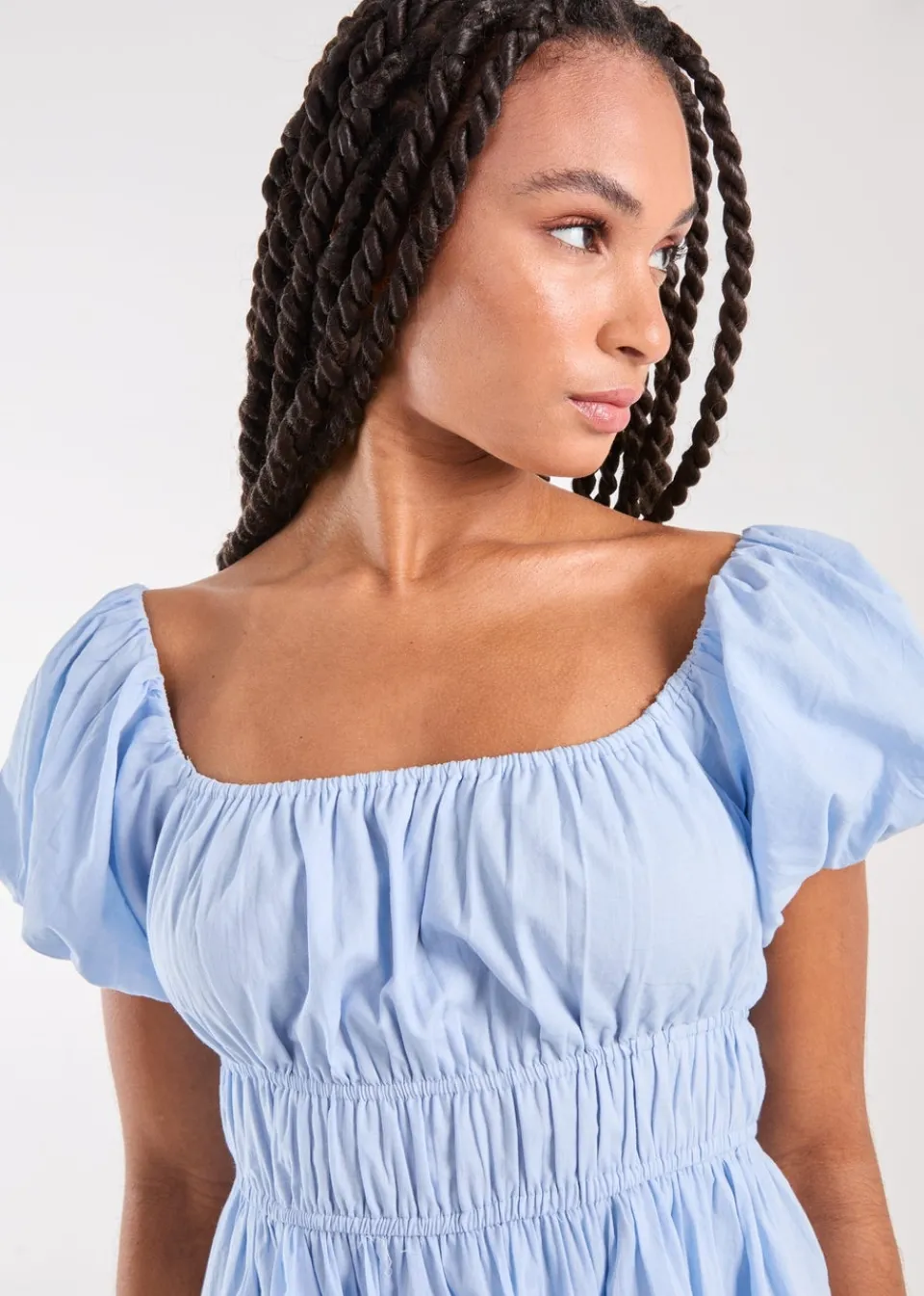 Shorts>Pink Vanilla Blue Puff Sleeve Mini Dress with Shorts