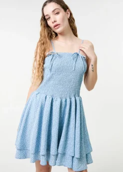 Dresses>Pink Vanilla Blue Shirred Ruffle Mini Dress