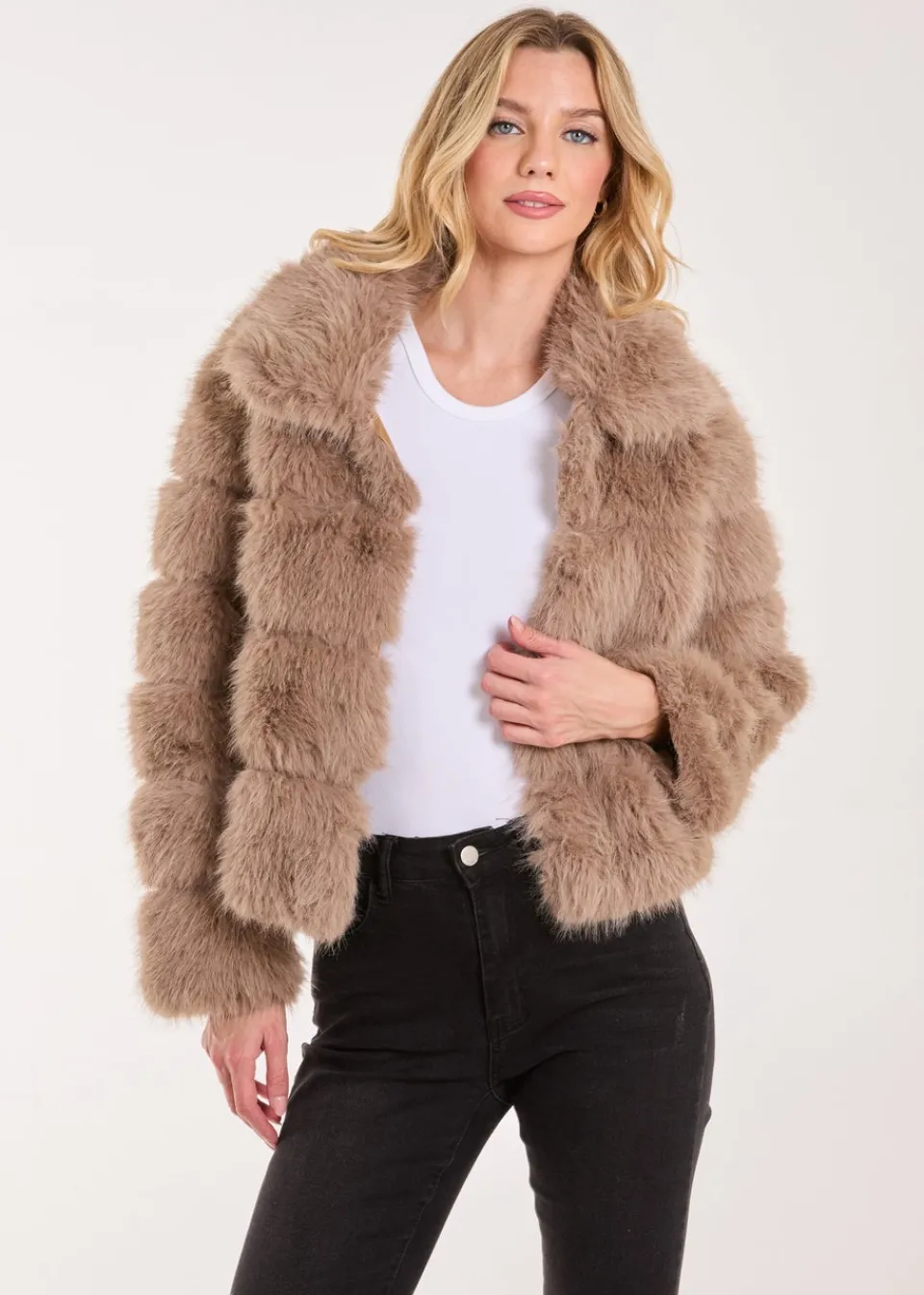Coats & Jackets>Pink Vanilla Brown Cropped Fur Pelted Jacket