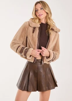 Coats & Jackets>Pink Vanilla Brown Fur PU Buckle Detail Coat