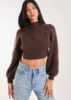 Knitwear>Pink Vanilla Brown High Neck Knitted Jumper