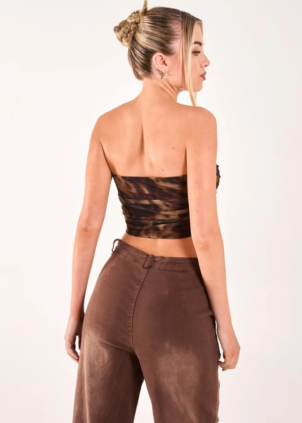 Tops>Pink Vanilla Brown Mesh Animal Print Bandeau Top