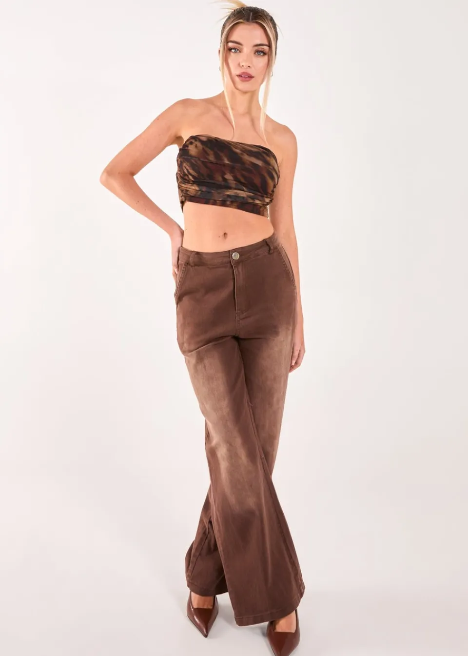 Tops>Pink Vanilla Brown Mesh Animal Print Bandeau Top