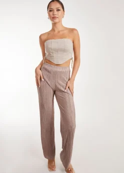 Trousers>Pink Vanilla Plisse Flared Trousers Brown