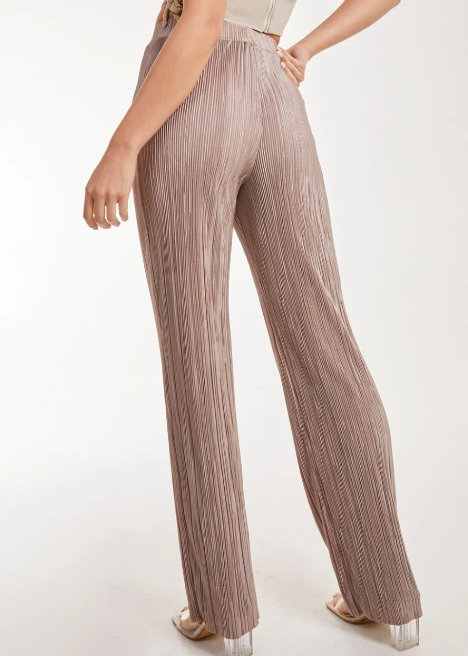 Trousers>Pink Vanilla Plisse Flared Trousers Brown
