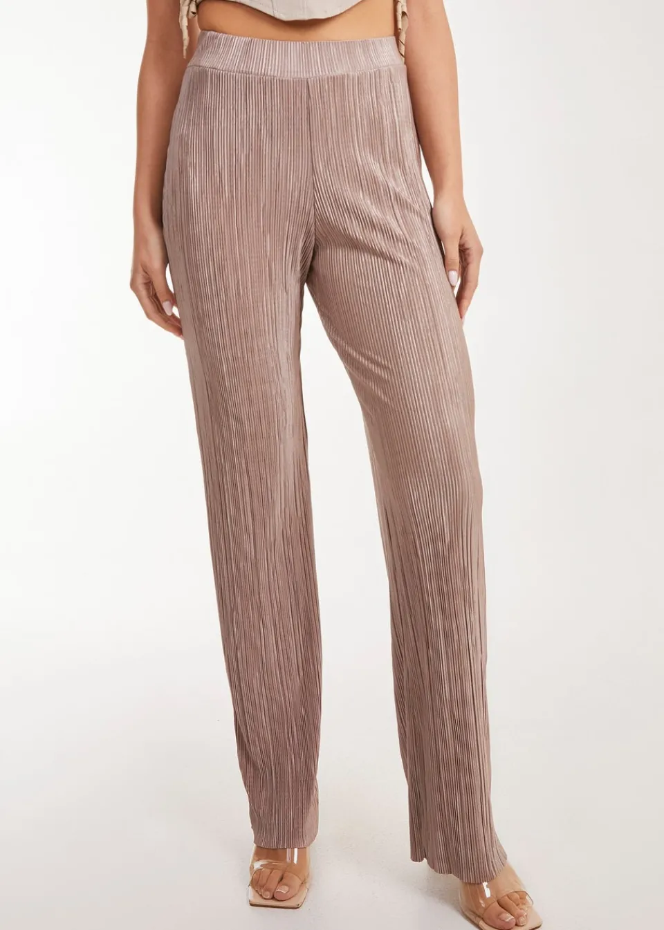 Trousers>Pink Vanilla Plisse Flared Trousers Brown