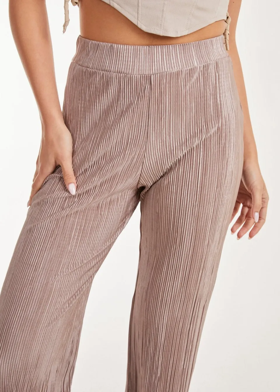 Trousers>Pink Vanilla Plisse Flared Trousers Brown