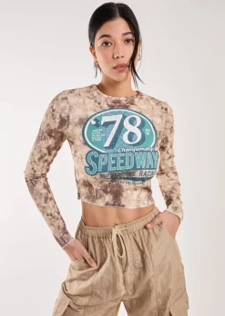 Tops>Pink Vanilla Racer Washed Printed Long Sleeve Top Brown