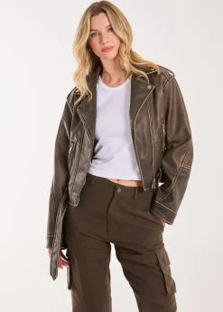 Coats & Jackets>Pink Vanilla Brown Stone Wash PU Biker Jacket