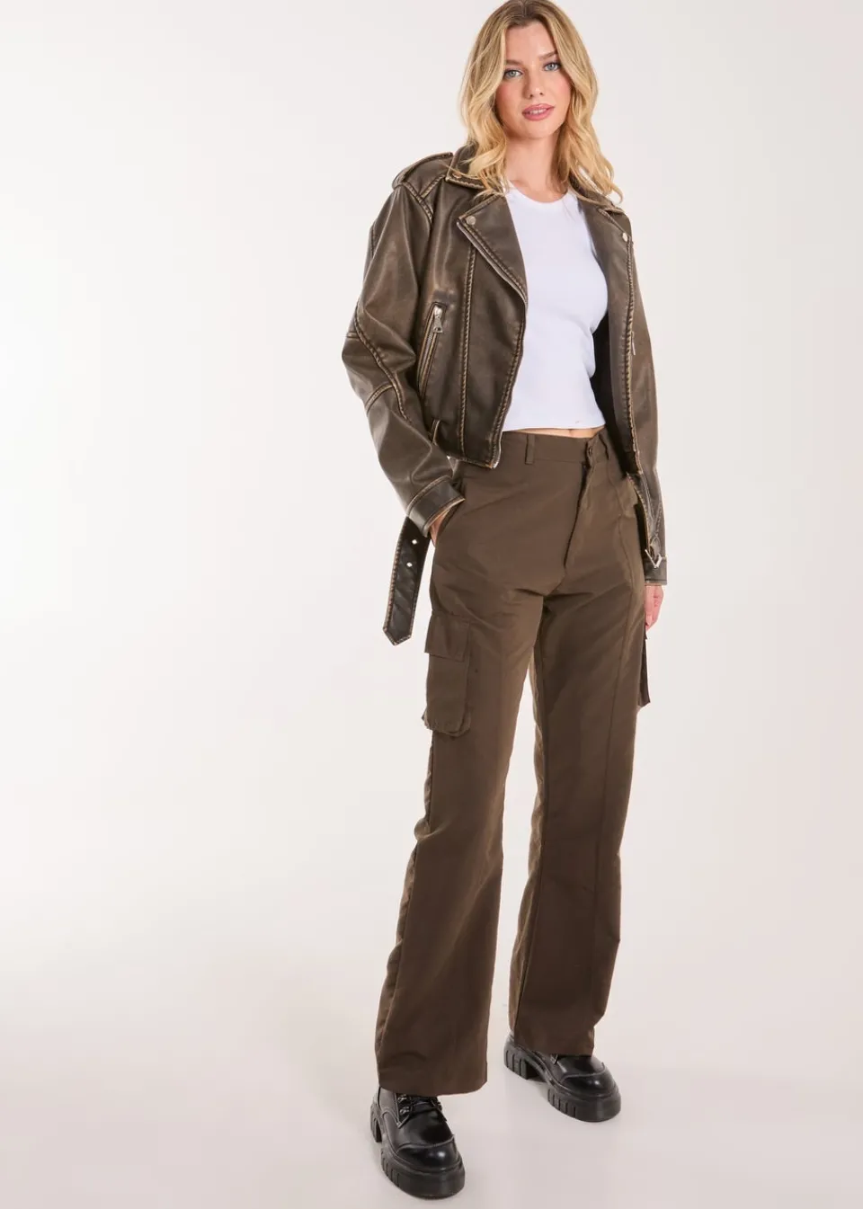 Coats & Jackets>Pink Vanilla Brown Stone Wash PU Biker Jacket