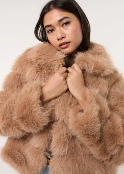 Coats & Jackets>Pink Vanilla Camel Cropped Fur Pelted Jacket