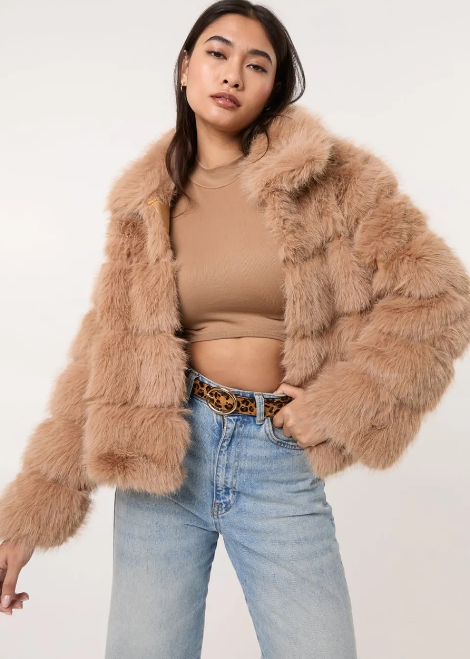 Coats & Jackets>Pink Vanilla Camel Cropped Fur Pelted Jacket