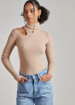 Tops>Pink Vanilla Knit Cut Out Turtle Neck Top Camel