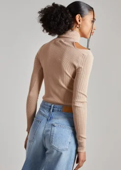 Tops>Pink Vanilla Knit Cut Out Turtle Neck Top Camel