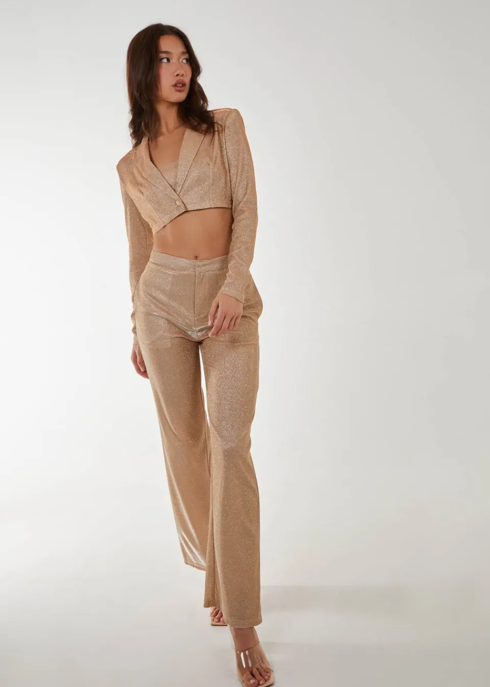 Co-Ord Sets>Pink Vanilla Champagne Metallic Cropped Blazer