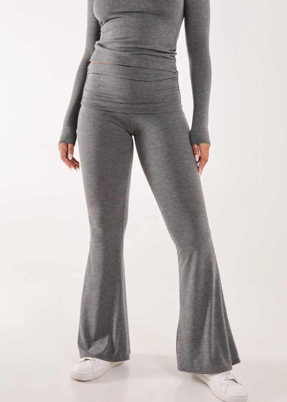 Trousers>Pink Vanilla Charcoal Fold Over Waist Lounge Flares