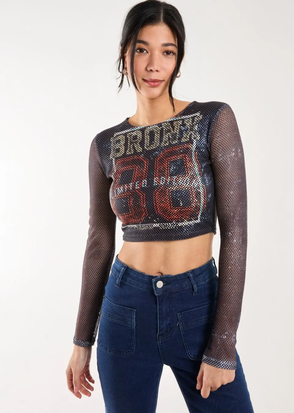 Tops>Pink Vanilla Mesh Athleisure Long Sleeve Net Top Charcoal