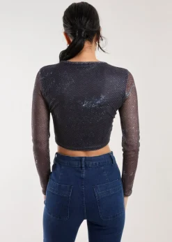 Tops>Pink Vanilla Mesh Athleisure Long Sleeve Net Top Charcoal