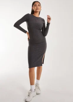 Knitwear>Pink Vanilla Charcoal Soft Brushed Rib Long Sleeve Midi Dress