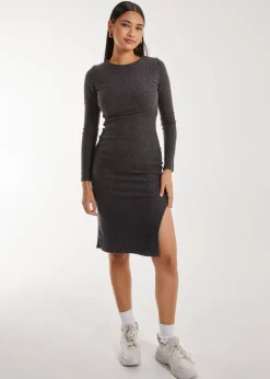 Knitwear>Pink Vanilla Charcoal Soft Brushed Rib Long Sleeve Midi Dress