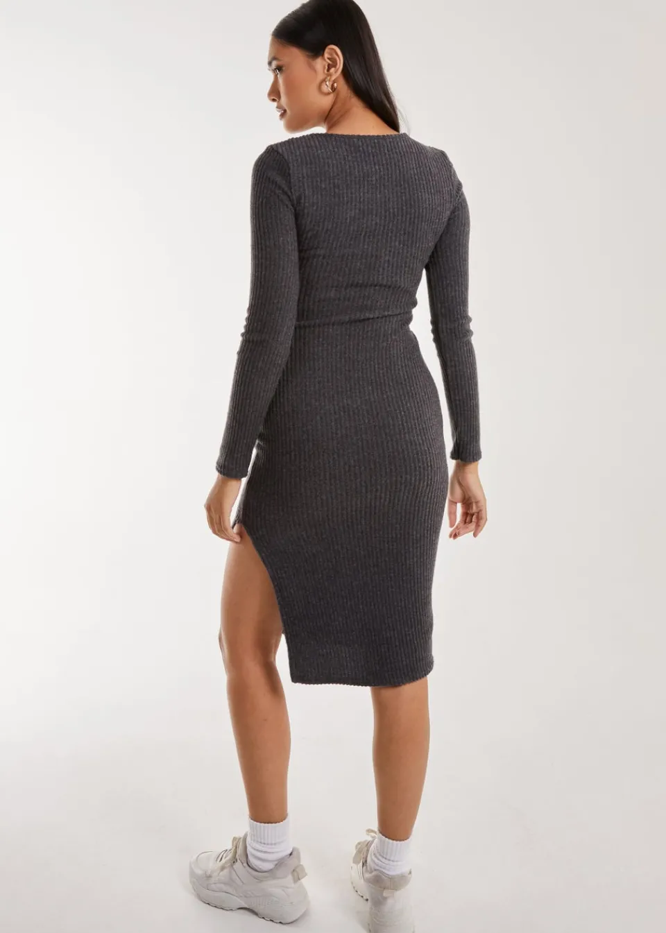 Knitwear>Pink Vanilla Charcoal Soft Brushed Rib Long Sleeve Midi Dress