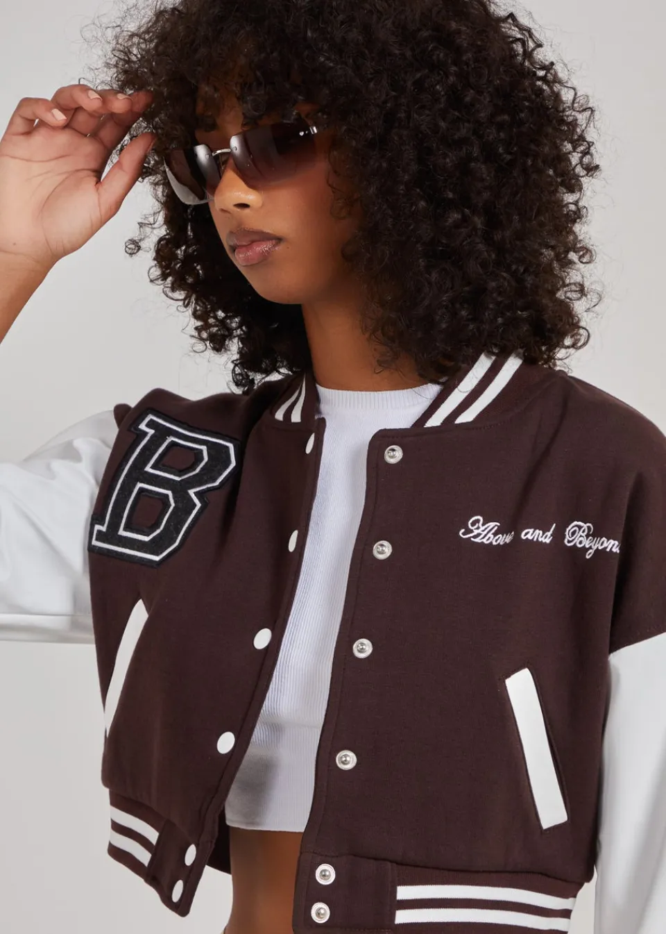 Coats & Jackets>Pink Vanilla Contrast Sleeve Baseball Jacket Chocolate