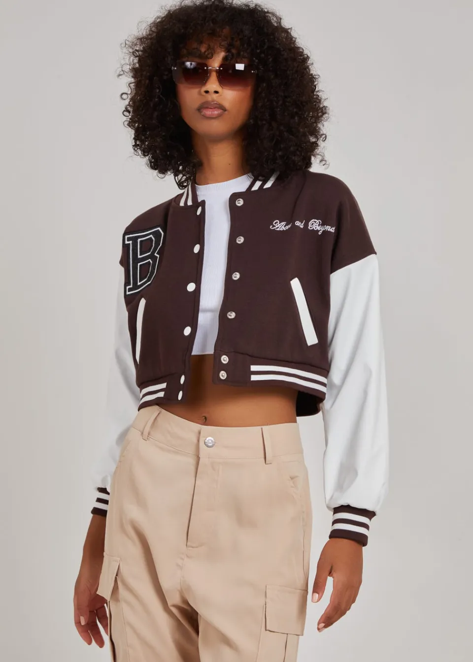Coats & Jackets>Pink Vanilla Contrast Sleeve Baseball Jacket Chocolate