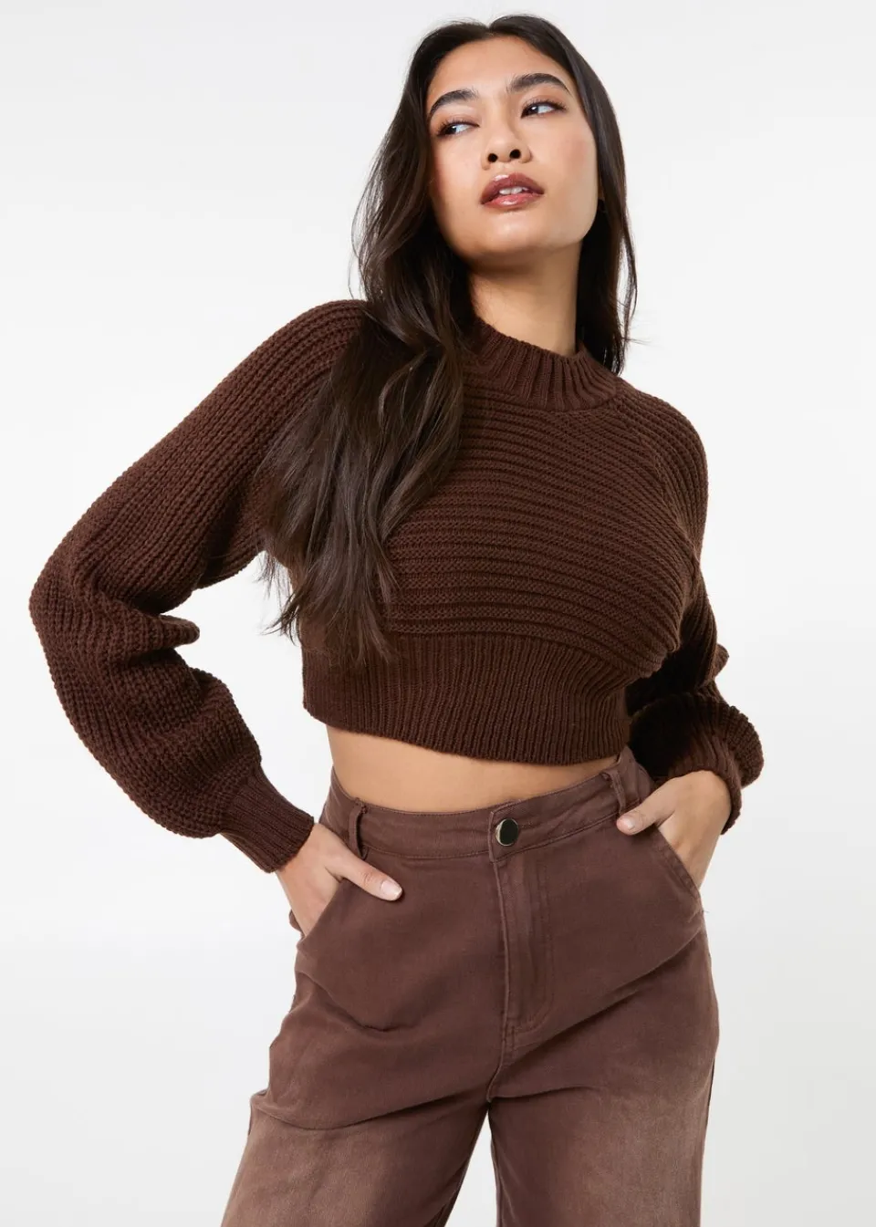Tops>Pink Vanilla Chocolate High Neck Knitted Crop Jumper