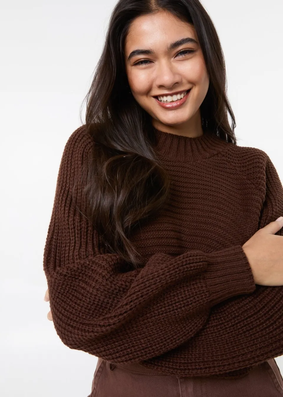 Tops>Pink Vanilla Chocolate High Neck Knitted Crop Jumper