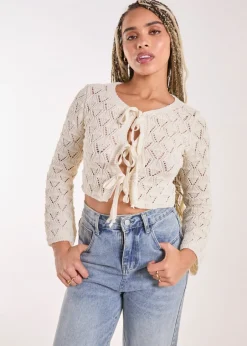 Tops>Pink Vanilla Cream Tie Front Crochet Top