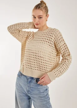 Tops>Pink Vanilla Crochet Knitted Sweatshirt Ivory