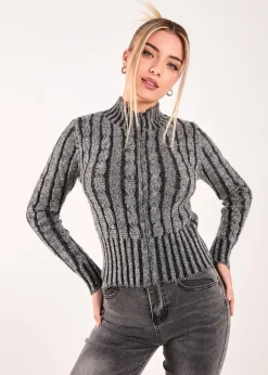 Tops>Pink Vanilla Dark Grey High Neck Zip Up Cable Knit
