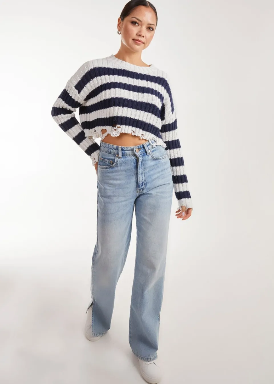 Knitwear>Pink Vanilla Distressed Striped Navy Crop Knit Jumper