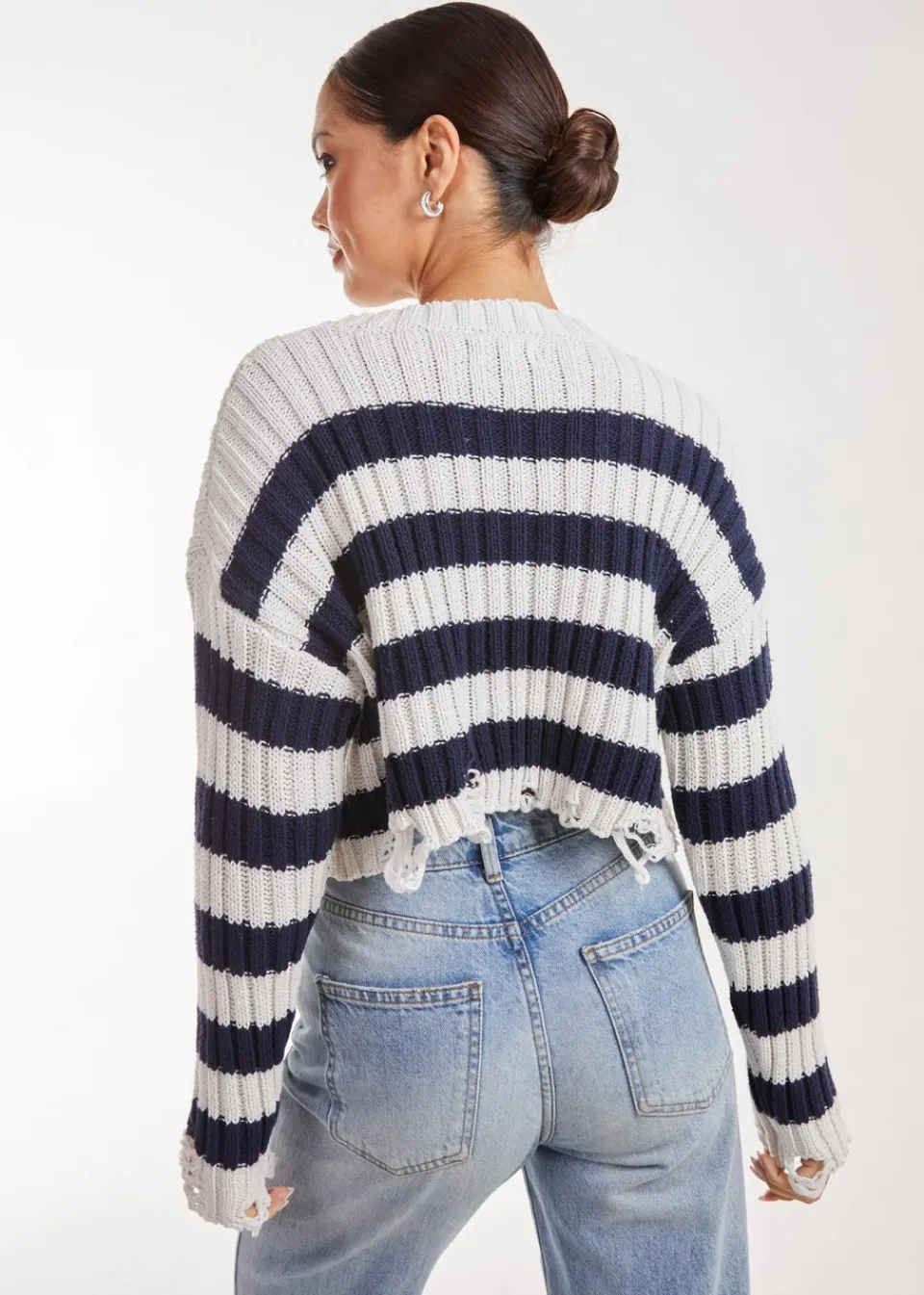 Knitwear>Pink Vanilla Distressed Striped Navy Crop Knit Jumper
